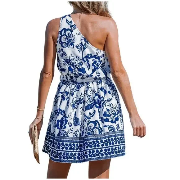 Cupshe Blue & White Floral One-Shoulder Mini Dress Size XL - Picture 2 of 9